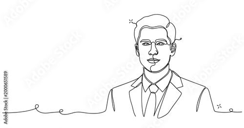 Line art illustration of young caucasian male in suit. None editable stroke