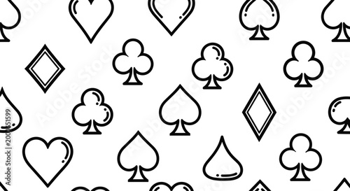 A repeating black and white outline pattern of classic playing card suits: hearts, diamonds, clubs, and spades.