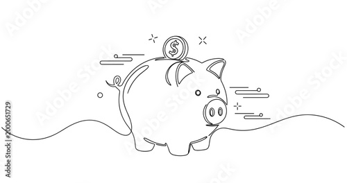 Minimalist line drawing of piggy bank with coin symbolizing savings. None editable stroke