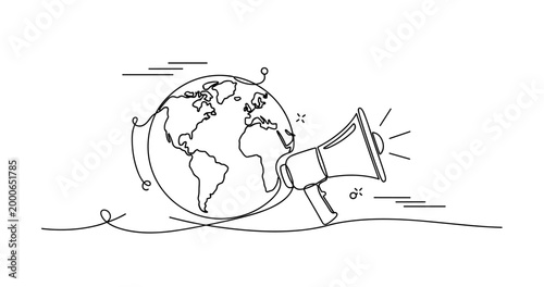 Megaphone communicating worldwide message of global connectivity. None editable stroke