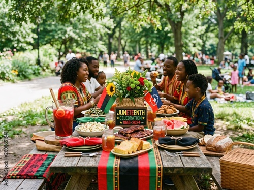 Juneteenth family picnic celebration at park table with food and decorations for banner and event poster design