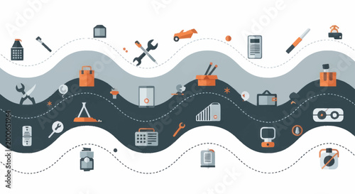 Various tools and objects arranged in a wavy pattern.