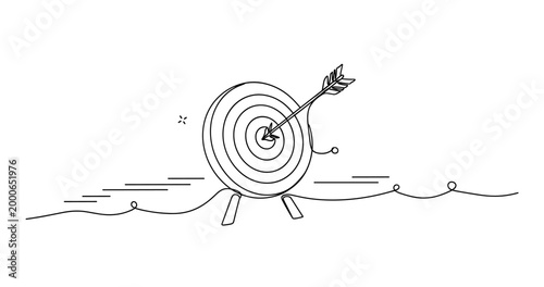 Minimalist line art of arrow hitting bullseye on target. None editable stroke