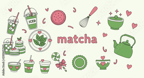 Cute matcha stickers set in hand drawn style. Fresh drink, teapots, bowls, and tea tools. Minimal doodle beverage illustrations for planners, cafe menus, scrapbooking, packaging, ads.