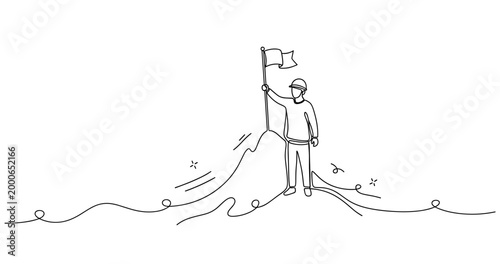 Minimalist line art of person achieving a goal on mountain top. None editable stroke