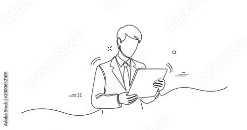 Line art of young caucasian male in suit using tablet. None editable stroke