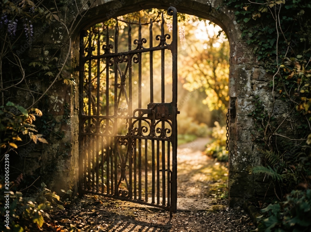 Obraz premium Rusted iron garden gate opening to a sunlit woodland path background for outdoor garden banner and natural landscape design
