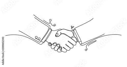Futuristic handshake: human and robot arms in collaborative agreement. None editable stroke