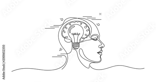Abstract line art of human profile with light bulb brain symbolizing creativity and ideas. None editable stroke