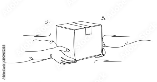 Continuous line drawing of hands passing a box symbolizing delivery and gift exchange. None editable stroke