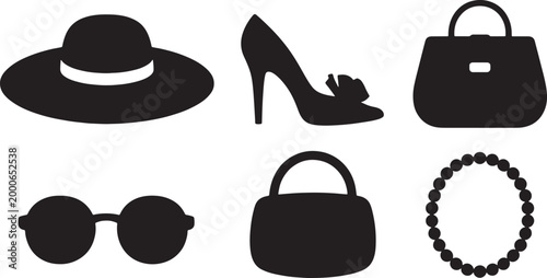 Black and white silhouette of fashion accessories including a hat handbag heel sunglasses and necklace