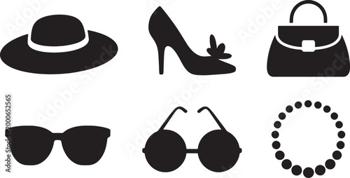 Black and white silhouette of fashion accessories including hat handbag heel shoe sunglasses and beaded necklace