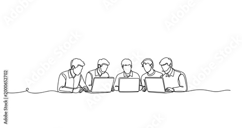 Five young caucasian males collaborating on laptops in continuous line drawing. No editable stroke