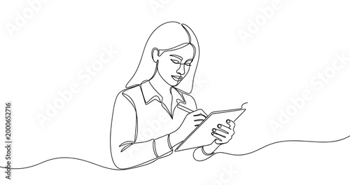 Line art of young caucasian female writing on tablet. No editable stroke