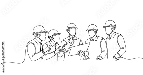 Team of engineers discussing blueprint plans in line art illustration. No editable stroke