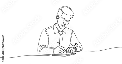 Young caucasian male adult drawing outlines in business attire. No editable stroke