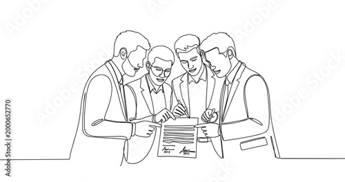 Business team collaboration: four caucasian adult males discussing document. No editable stroke
