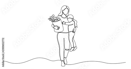 Line drawing of adult caucasian female holding child with groceries. No editable stroke