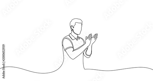 Continuous line art of young caucasian male clapping hands. No editable stroke