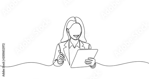 Continuous line drawing of young caucasian female with tablet and pen. No editable stroke