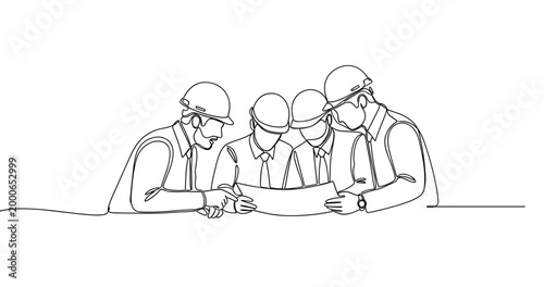Group of engineers collaborating over architectural plans. No editable stroke