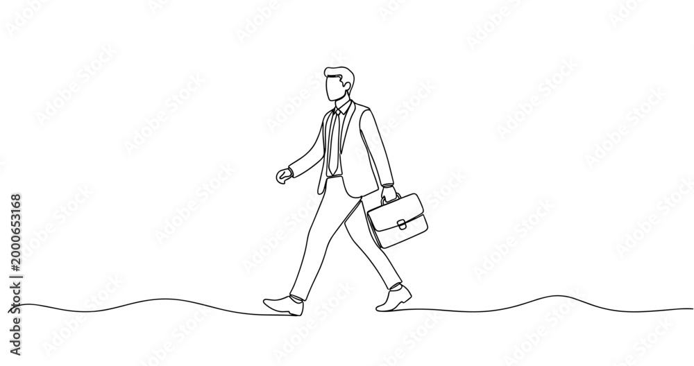 Fototapeta premium Minimalist line art of male caucasian adult businessman walking with briefcase. No editable stroke