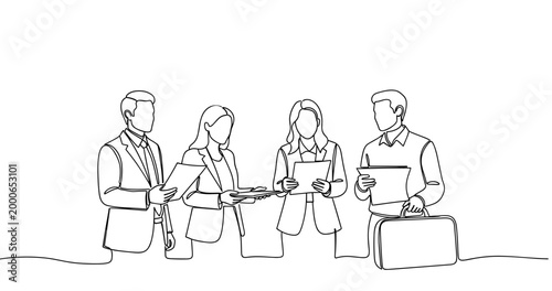 Team collaboration: group of professionals discussing documents. No editable stroke