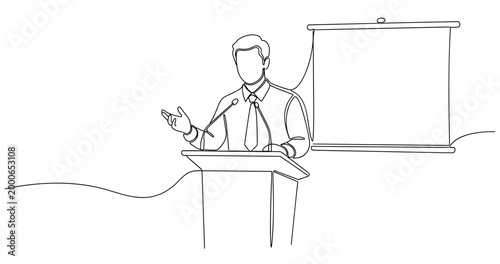 Male speaker delivering presentation at podium with projector screen outline. No editable stroke