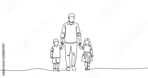 Outline of caucasian male adult with children holding hands. No editable stroke