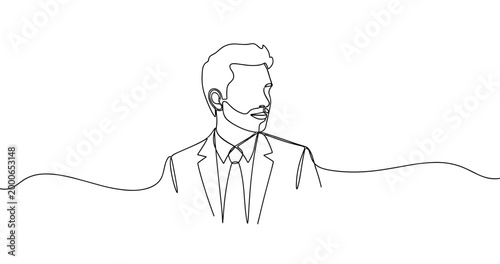 Minimalist line art of young caucasian male in suit facing sideways. No editable stroke