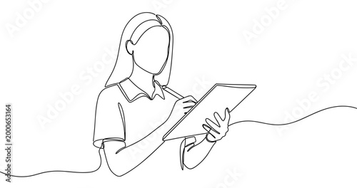 Female drawing silhouette: young caucasian woman sketching with tablet in simple line art. No editable stroke