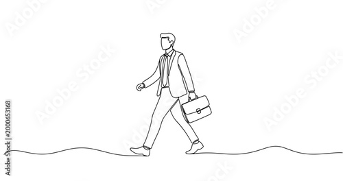 Minimalist line art of male caucasian adult businessman walking with briefcase. No editable stroke