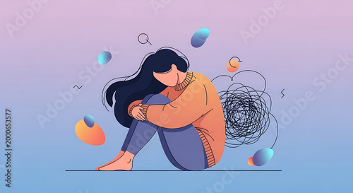 Depression and anxiety illustration depicting a young woman in distress and a tangled mess of thoughts representing mental health struggles and emotional turmoil