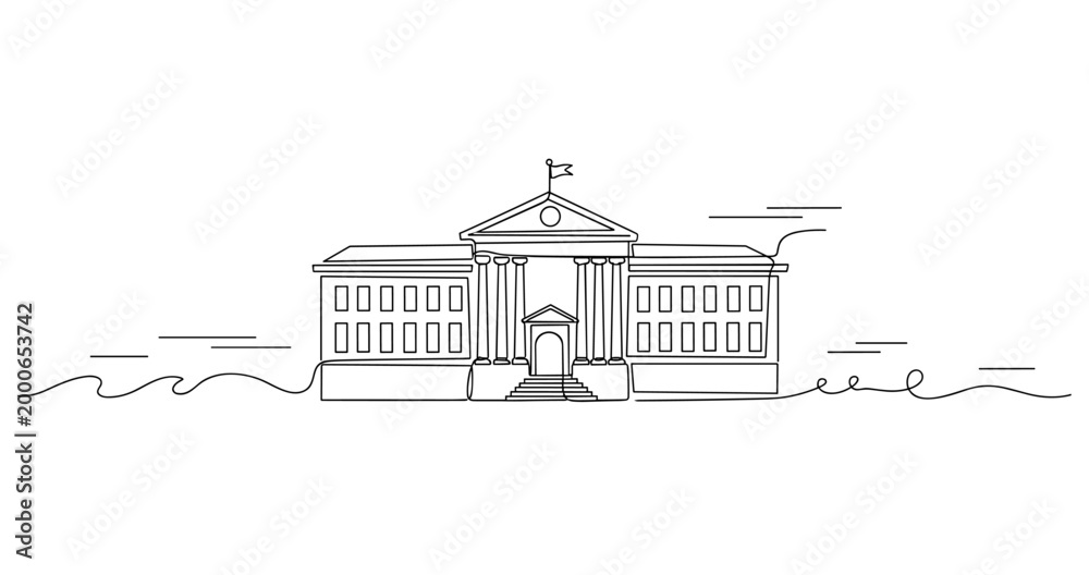 Fototapeta premium Government building centered with flag on waterfront facade. No editable stroke