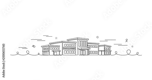 Kindergarten building complex in simple line landscape illustration. No editable stroke