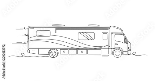 Recreational motorhome driving along road in line art. No editable stroke