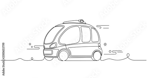 Autonomous compact car cruising on road in line drawing. No editable stroke