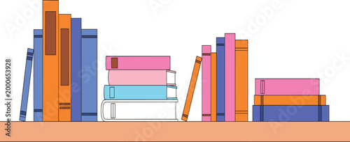 Colorful Bookshelf Vector Illustration with Stacked and Standing Books on Shelf Isolated on White Background for Education Reading and Library Design.