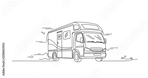 Recreational camper van driving on road in minimal line drawing. No editable stroke