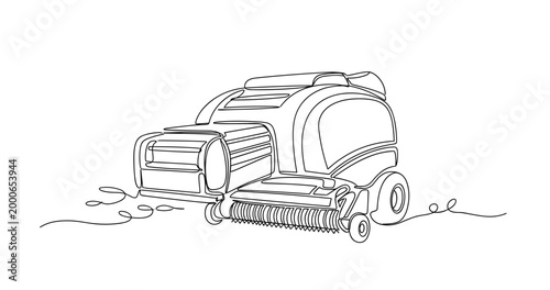 Commercial mower cutting grass across suburban lawn field. No editable stroke