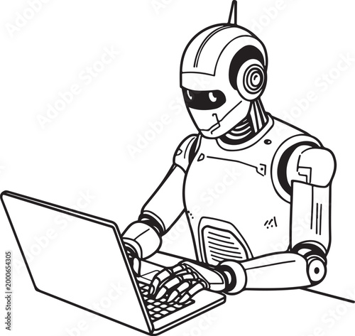 Futuristic robot working on laptop computer, humanoid artificial intelligence character typing on keyboard, black and white line art vector illustration