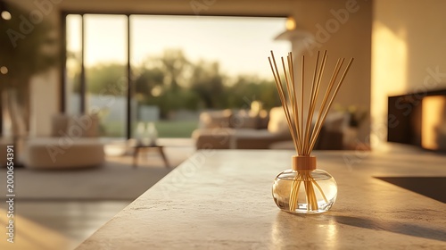 Diffuser sits on countertop; furniture visible; sunlight, home interiors, possible ad use