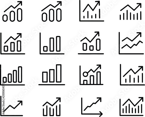 Growth line icons featuring business progress, financial increase, success metrics in clean modern thin outline vector style