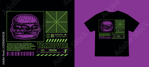Vector illustration hand drawn streetwear design of burger for T-Shirt design with slogan and distortion artwork