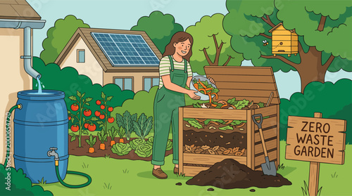 Sustainable gardening woman composting organic kitchen waste in zero waste garden with rain barrel solar panels and beehive