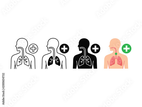 Four human body silhouettes with lungs and trachea and medical symbols on white background