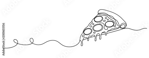 Slice of pizza with melting cheese on single line background. no editable strokes