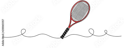 Tennis racket leaning on continuous line over white background. no editable strokes