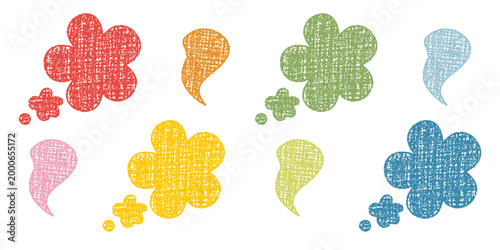 Hand drawn crayon flower and cloud speech bubbles with vivid scribble texture.
