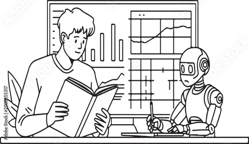 Robot and man working together, collaboration with data analysis, business planning, line art illustration, vector graphics